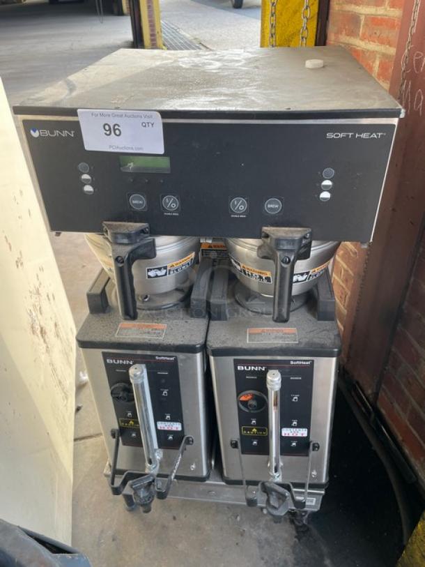 Bunn Soft Heat Series Dual Coffee Brewer, Model DUALSHDBC, with hot water dispenser and Smart Splashguard Funnels.