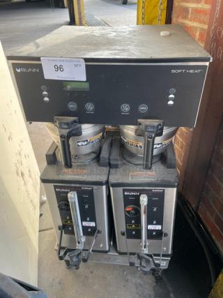 Bunn Soft Heat Series Commercial Stainless Steel Countertop Dual Coffee Brewer! With Hot Water Dispenser! With Smart Splashguard Funnels & Bunn Soft Heat Series Portable Servers! Model: DUAL SH DBC SN: DUAL157000! 120/208-240V 1 Phase! On Legs! - Item #1211294