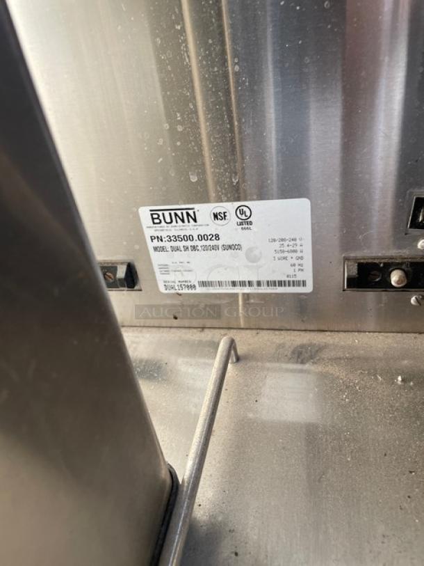 Bunn Soft Heat Series DUALSHDBC commercial coffee brewer, stainless steel, with label showing model and serial number.