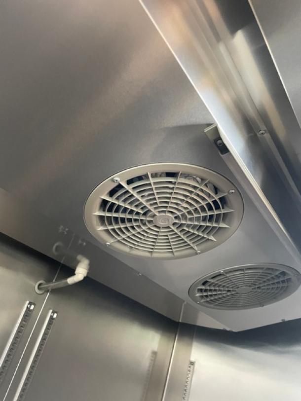 Turbo Air M3 Series 2 Door Freezer interior with cooling fan detail, stainless steel, Model M3F47-2, Energy Star certified.
