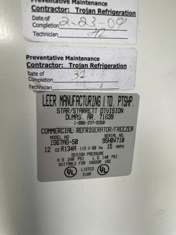 Leer IS67AG50 commercial ice merchandiser freezer tag, SN: 95H04710, 115V, maintenance by Trojan Refrigeration.