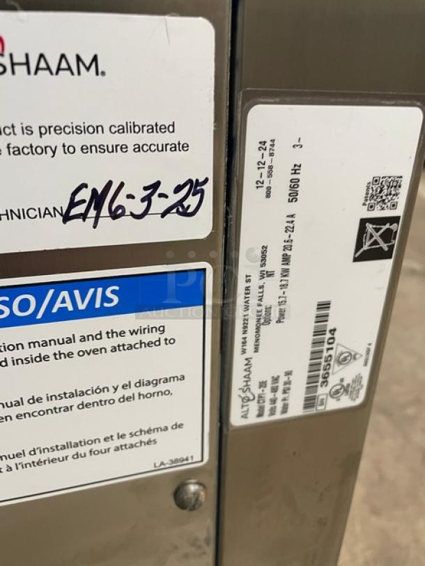 Alto-Shaam CTP720E stainless steel combi oven labels showing model, SN: 3655104, and voltage specifications.