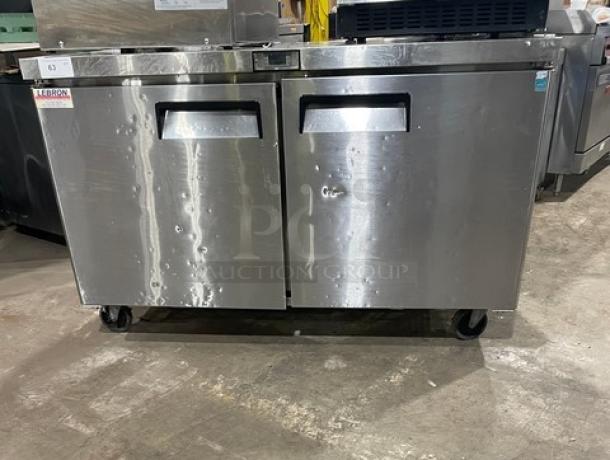 Atosa 2016 commercial stainless steel 2-door undercounter worktop refrigerator, Model MGF8403, on casters, Energy Star certified.