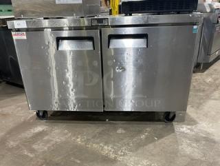 Atosa 2016 commercial stainless steel 2-door undercounter worktop refrigerator, Model MGF8403, on casters, Energy Star certified.