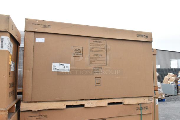 Brand new Hoshizaki DD69 kegerator in packaging, scratch and dent condition, 115V, 1 phase, includes labels indicating R290 refrigerant use.