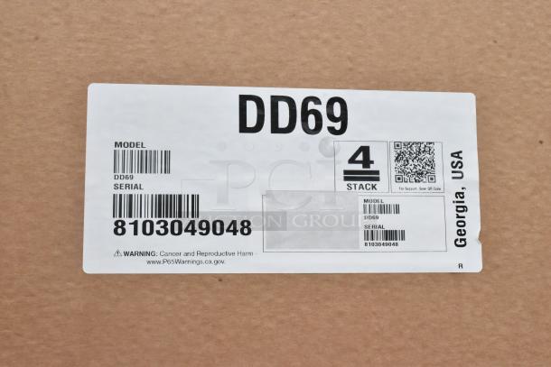 Label on Hoshizaki DD69 kegerator box, showing model number, serial code 8103049048, and warning about cancer risks.