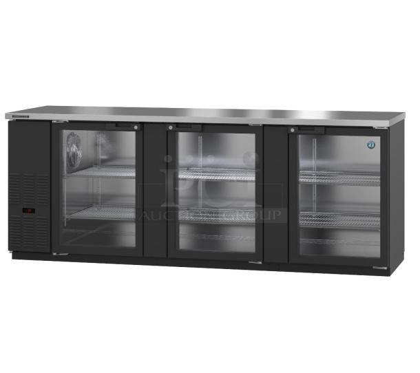 BRAND NEW Hoshizaki HBB-4G-LD-95 metal 3-door back bar cooler merchandiser, 115V, 1 Phase, visible shelving, scratch and dent condition.