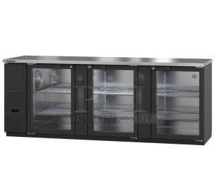 BRAND NEW Hoshizaki HBB-4G-LD-95 metal 3-door back bar cooler merchandiser, 115V, 1 Phase, visible shelving, scratch and dent condition.
