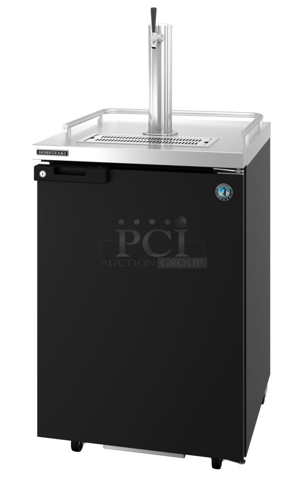 Brand new Hoshizaki HDD-1-24 kegerator, metal finish, 115V, 1-phase. Features tap tower and logo badge.