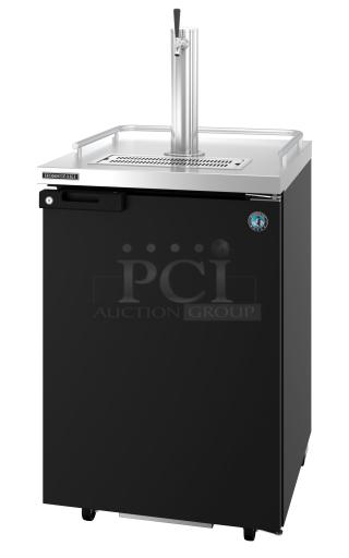 Brand new Hoshizaki HDD-1-24 kegerator, metal finish, 115V, 1-phase. Features tap tower and logo badge.
