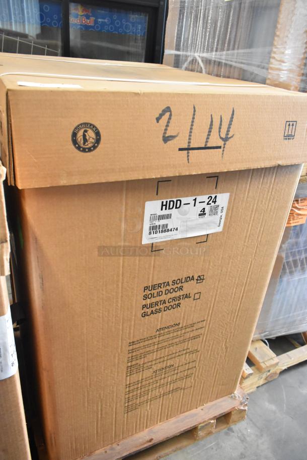 Brand new Hoshizaki HDD-1-24 kegerator in box, 115 volts, 1 phase, labeled with solid door option, on wooden pallet.