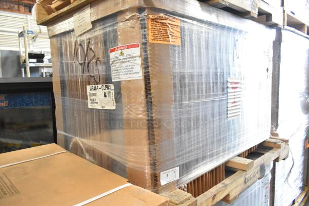 Brand new Hoshizaki UR48A-GLP01 stainless steel undercounter cooler in box, 115V, 1 phase, with safety and model labels.