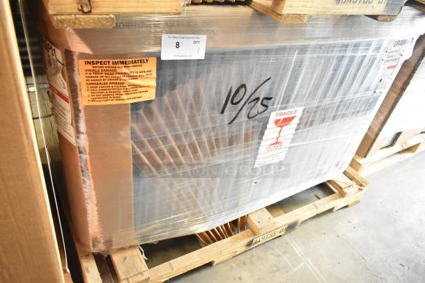 Brand new Hoshizaki UR48A-GLP01 stainless steel undercounter cooler in box on pallet, 2 doors, 115V, tags indicating fragility.