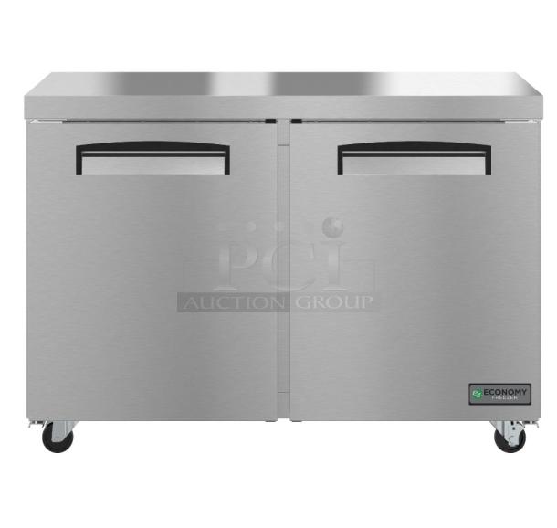 Brand new Hoshizaki EUF48A stainless steel commercial undercounter freezer, two doors, 115V, 1 phase, in box.