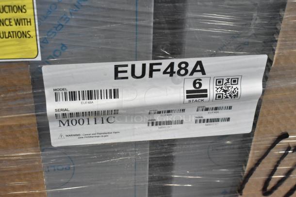 Brand new Hoshizaki EUF48A stainless steel undercounter freezer label, showing model and serial number, sealed in box.