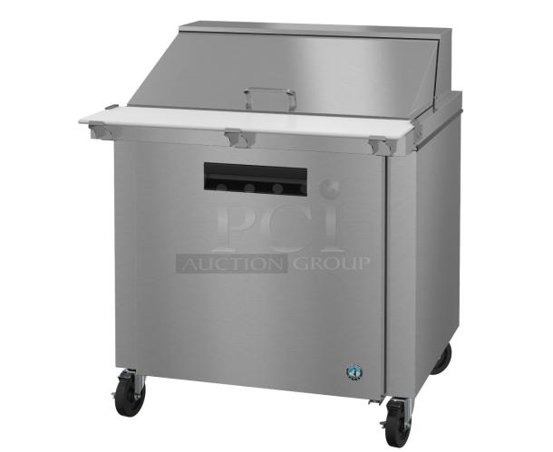 BRAND NEW Hoshizaki SR36A-15M stainless steel sandwich prep table, 115V, 1 phase, on caster wheels.