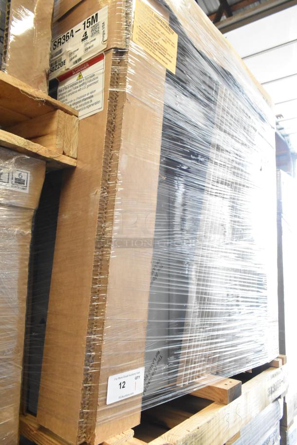 Brand new Hoshizaki SR36A-15M stainless steel prep table in box, labeled 115V, 1 Phase, on pallet, wrapped in plastic.