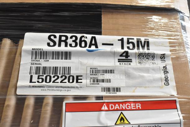 Brand new Hoshizaki SR36A-15M stainless steel prep table in box. Features model and serial numbers, 115V, 1 phase.