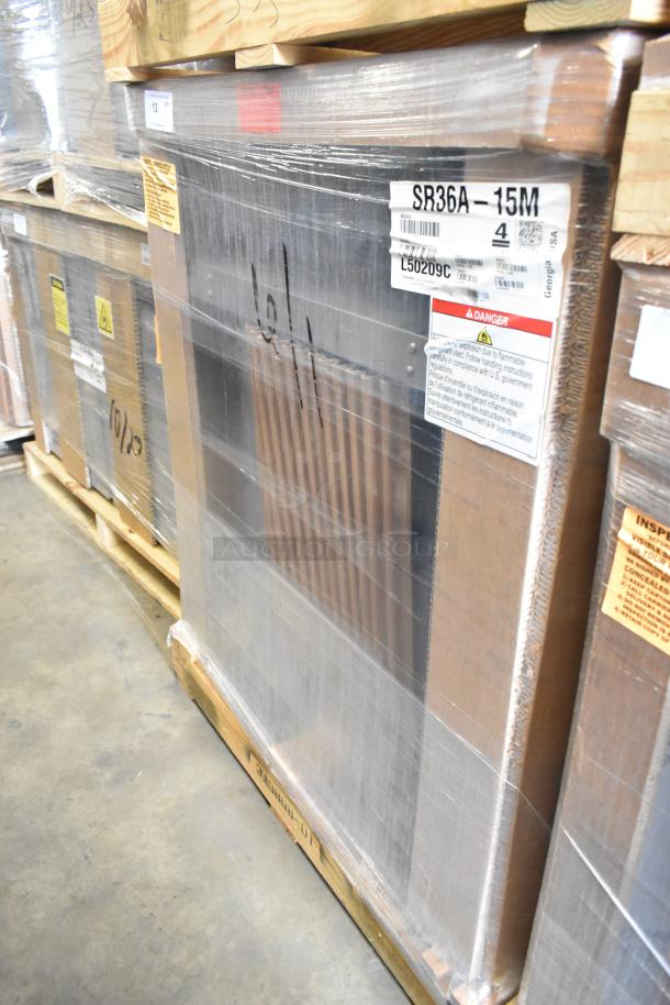 Brand new Hoshizaki SR36A-15M stainless steel prep table in box. Mega Top, 115V, 1 Phase. Labeled packaging visible.