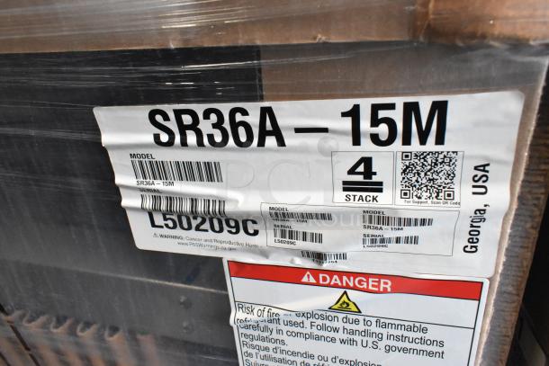 BRAND NEW Hoshizaki SR36A-15M stainless steel sandwich prep table in box, 115V, 1 phase, serial L50209C, labels visible.