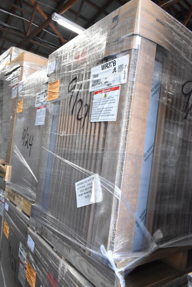 Brand new Hoshizaki WR27B stainless steel work top cooler in box. Model WR27B, 115 volts, single phase, visible labels.