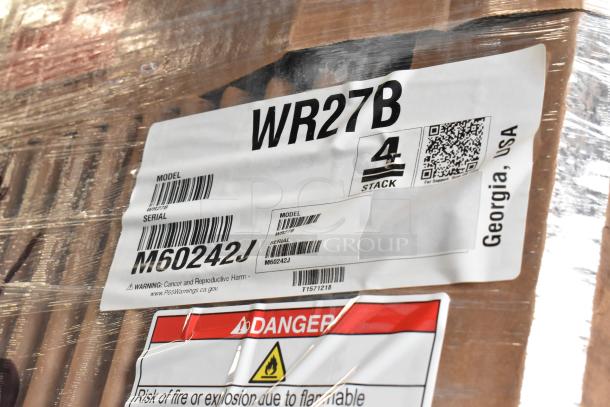 Brand new Hoshizaki WR27B stainless steel work top cooler. Model WR27B, 115V, 1 phase. Serial M60242J visible on packaging.