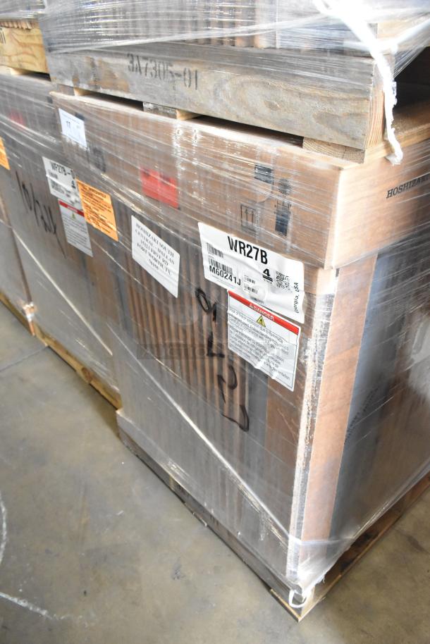 Brand new Hoshizaki WR27B stainless steel single-door work top cooler, 115V, 1 phase, in original packaging with labels.