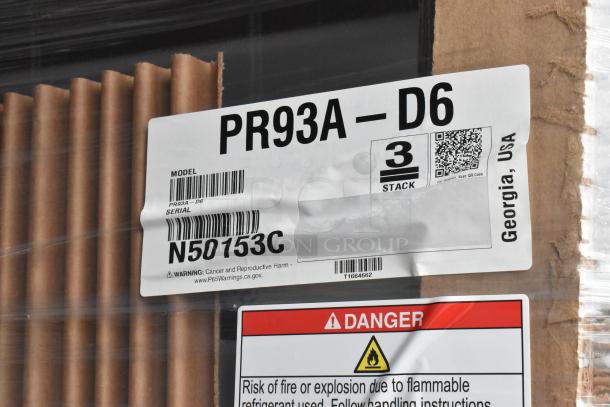 Label on Hoshizaki PR93A-D6 stainless steel pizza prep table box, showing model and serial number N50153C, packaged in Georgia, USA.