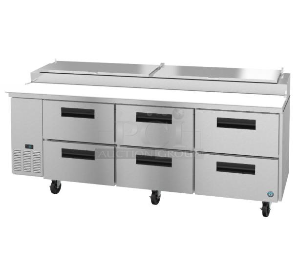 Brand new Hoshizaki PR93A-D6 stainless steel commercial pizza prep table with 6 drawers. Model PR93A-D6, 115V, 1 phase.