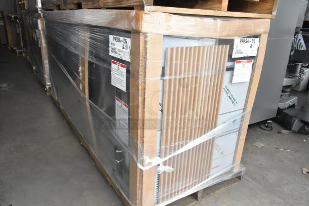 Brand new Hoshizaki PR93A-D6 stainless steel pizza prep table with 6 drawers, in original packaging. 115 Volts, 1 Phase.