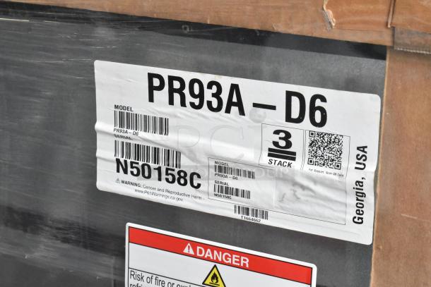 Label on Hoshizaki PR93A-D6 commercial pizza prep table box. Shows model, serial number N50158C, and warning details.