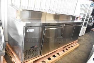 BRAND NEW SCRATCH AND DENT! 2024 Avantco 178SSPPT3 Stainless Steel Commercial Pizza Prep Table. 115 Volts, 1 Phase. - Item #1212491