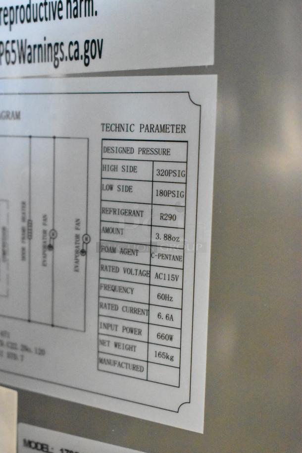 Alt text: 

Label on Avantco 178SSPPT3 Pizza Prep Table showing technical specifications, including refrigerant R290 and voltage AC115V.