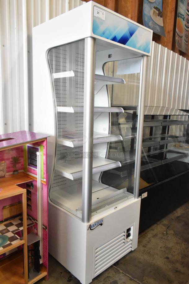 Brand new Avantco WVAC-28HC 28" white refrigerated air curtain, scratch and dent condition, with shelving. Model 189WVAC28HC.