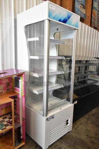 Brand new Avantco WVAC-28HC 28" white refrigerated air curtain, scratch and dent condition, with shelving. Model 189WVAC28HC.