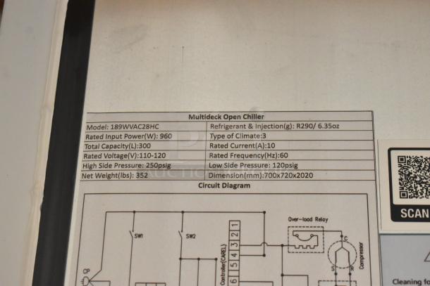 Label detailing specifications of Avantco WVAC-28HC, 28" refrigerated air curtain. Shows rated power, voltage, capacity, and dimensions.