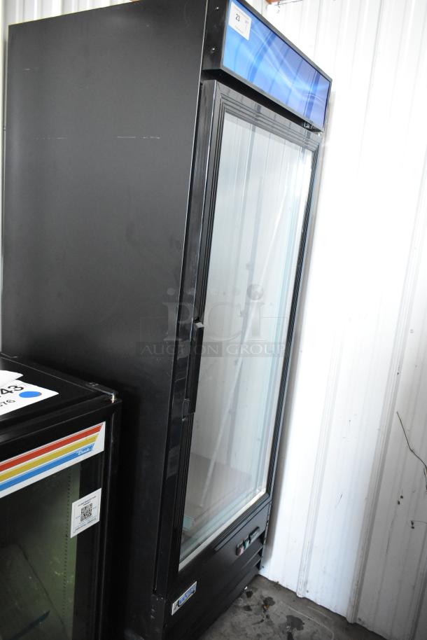 Brand new 2025 Avantco 178GDC23HCB commercial reach-in cooler, single glass door, poly-coated racks, on casters, with minor scratches.
