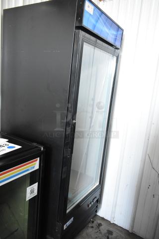Brand new 2025 Avantco 178GDC23HCB commercial reach-in cooler, single glass door, poly-coated racks, on casters, with minor scratches.