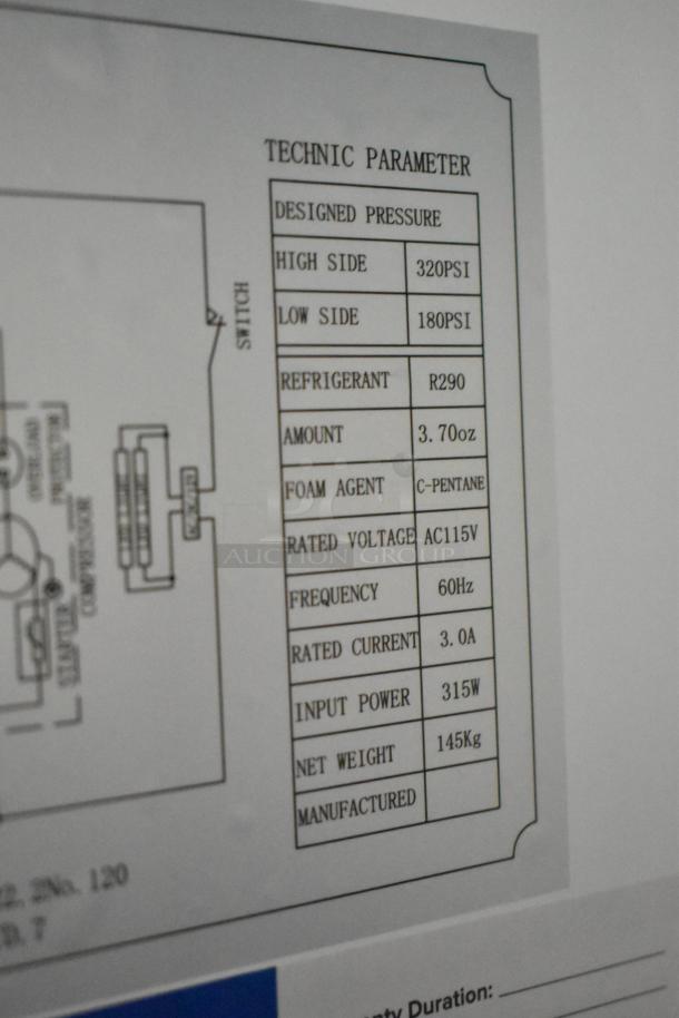 Alt text: "Avantco 178GDC23HCB single door cooler label showing technical parameters: refrigerant R290, 115V, 315W input power."
