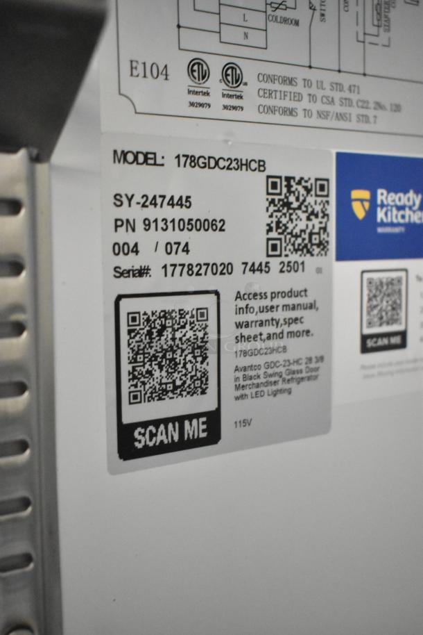 Label on Avantco 178GDC23HCB Reach-In Cooler showing model, QR code, and compliance details. New condition, ready for use.