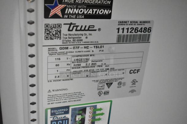 Label on True GDM-07F-HC mini freezer, showing specs: 115 Volts, 1 Phase, R290 refrigerant. Brand new, scratch and dent.