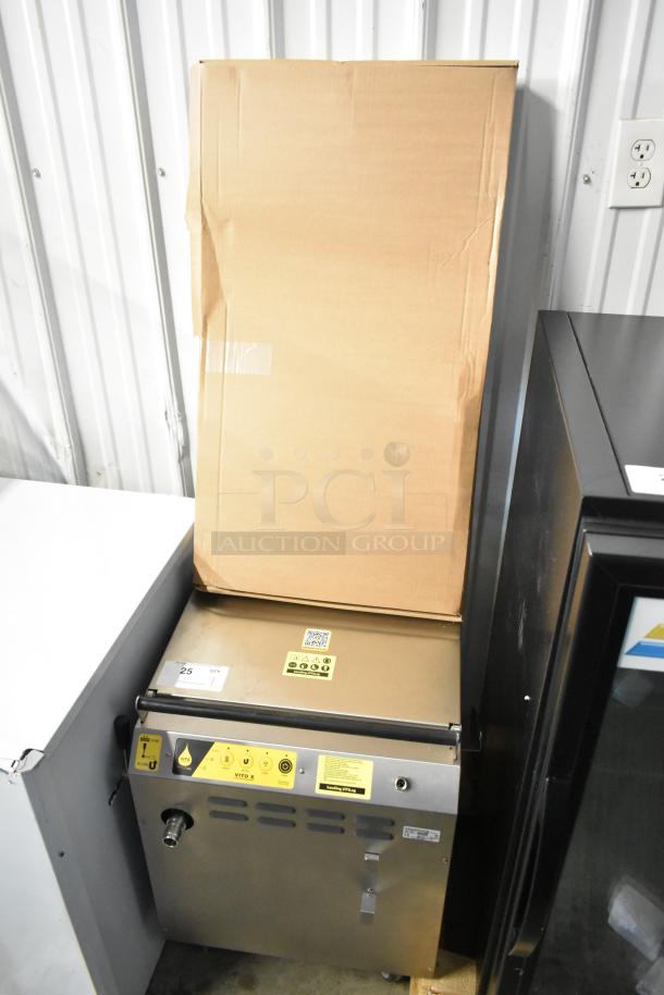 Vito XS Stainless Steel Fryer Oil Filter System, 73 lb. capacity, commercial casters, 100-120V, new condition, labels visible.