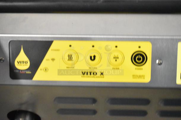 New Vito XS Fryfilter, 73 lb. capacity, stainless steel, mobile on casters. Power: 100-120V, 1 Phase. Controls shown.