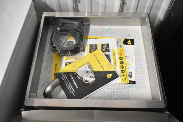Brand new Vito XS fryer oil filter system, stainless steel, 73 lb capacity, with instructions and cable. 100-120V, 1 phase.
