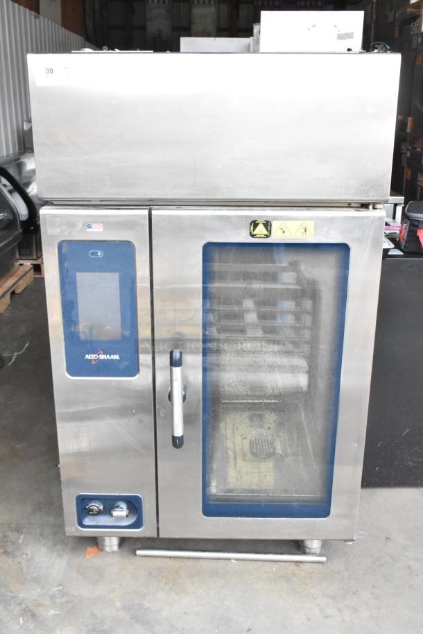 2018 Alto Shaam CTP10-10EVH stainless steel combi convection oven with ventless hood, equipment stand, good condition.