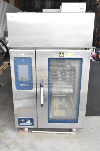 2018 Alto Shaam CTP10-10EVH stainless steel combi convection oven with ventless hood, equipment stand, good condition.
