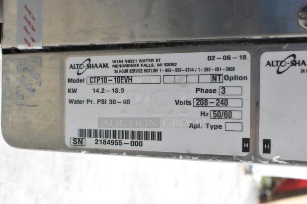 2018 Alto Shaam CTP10-10EVH combi convection oven label showing electric specs, 208/240V, 3-phase, with serial number.