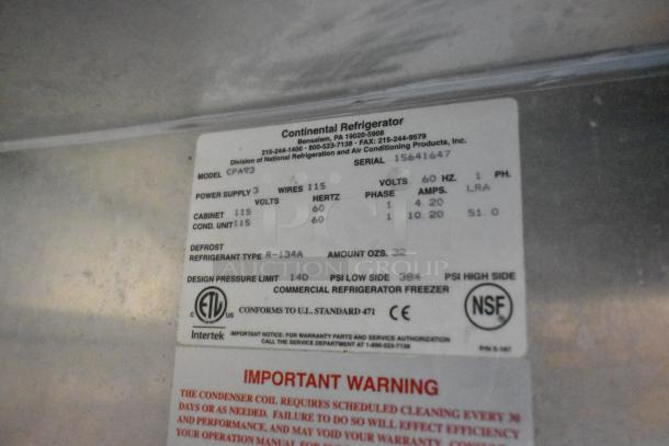 2016 Continental CPA93 Stainless Steel Pizza Prep Table, 115V, 1 Phase, NSF, on commercial casters, serial number 15641647.