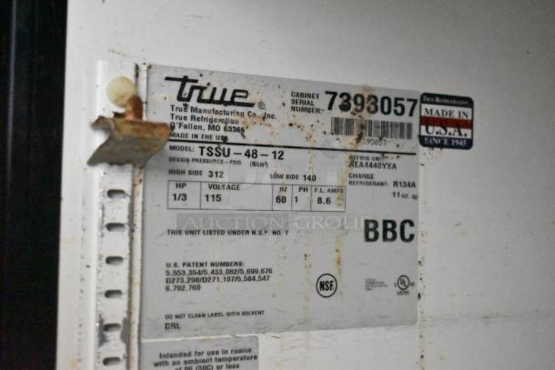 True TSSU-48-12 commercial prep table label. Model info, voltage 115V, 1 phase, made in USA.