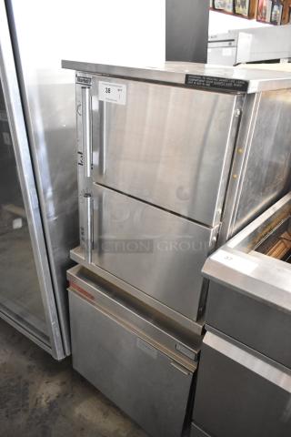 Market Forge 3500 stainless steel 2 deck steam cabinet on M24GIA steam generator. Natural gas, 170,000 BTU, excellent condition.